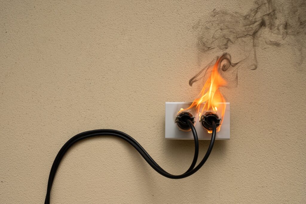 On fire electric wire plug receptacle on the concrete wall exposed concrete background